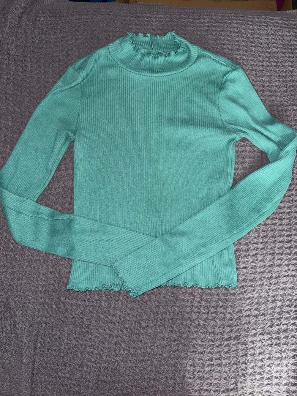 American Eagle Long Sleeve Mock Neck Green Ribbed T-Shirt